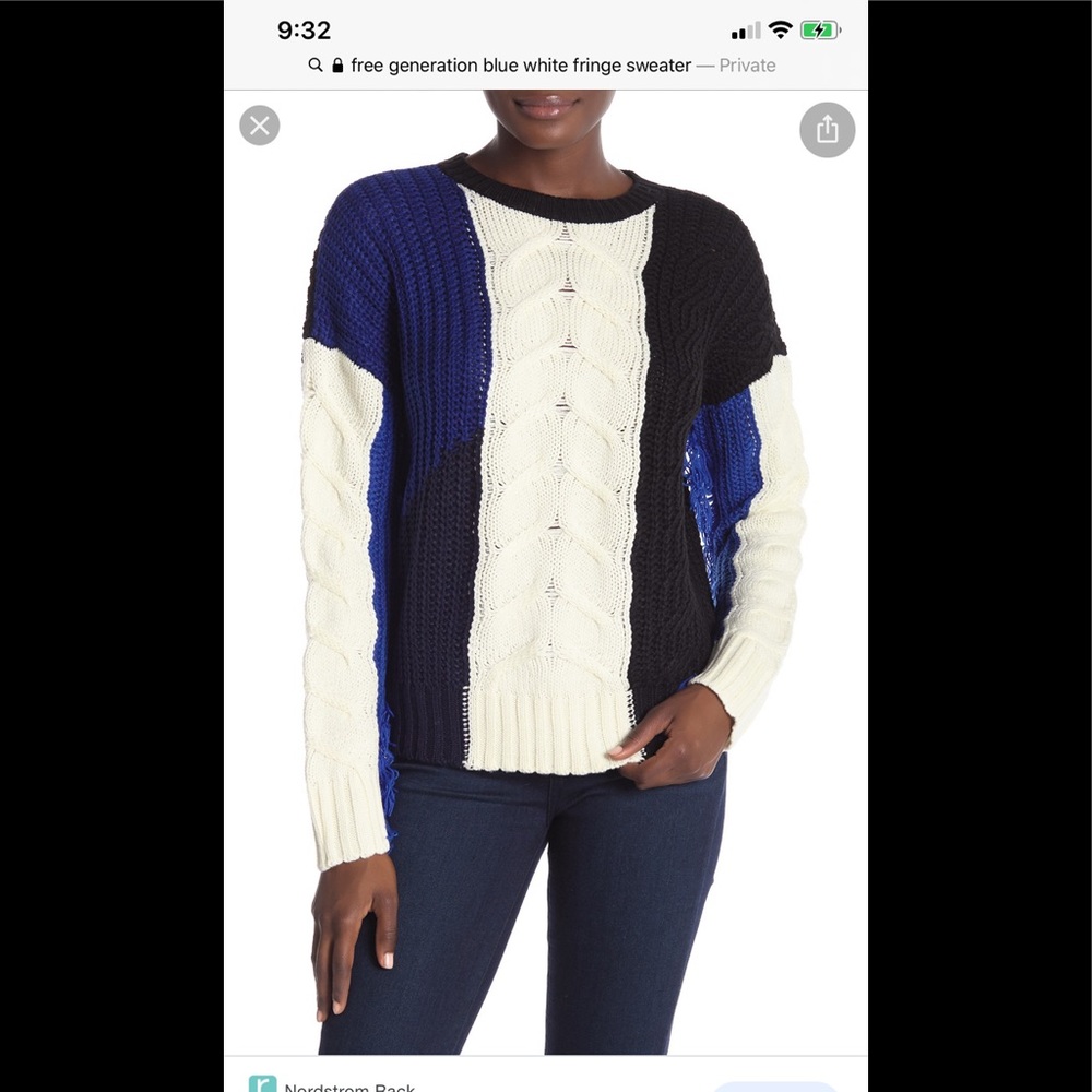 New Free Generation Fringe Sweater Cable Knit Blue White Black Colorblock Size M